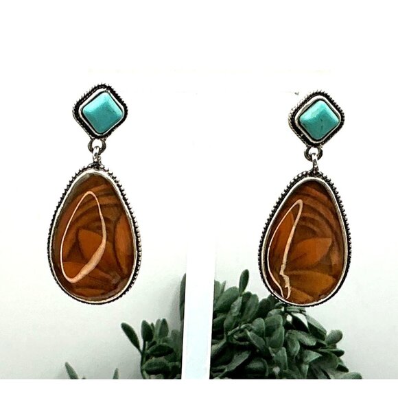 Drop Earrings With Brown Floral Swirl Teardrop & Turquoise Color Square Stones - Picture 8 of 8